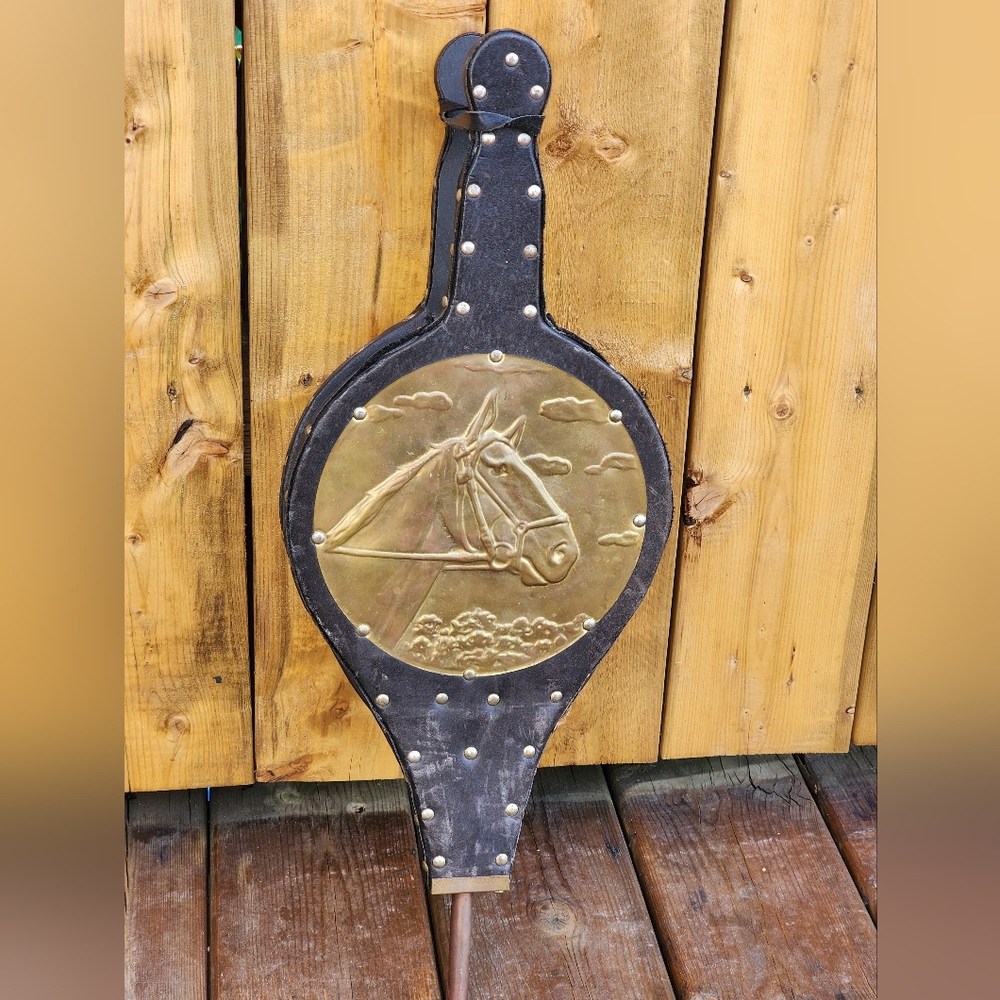 VTG Fireplace Bellows Fire Pit Bellows Barbeque, Leather Bronze Horse Design